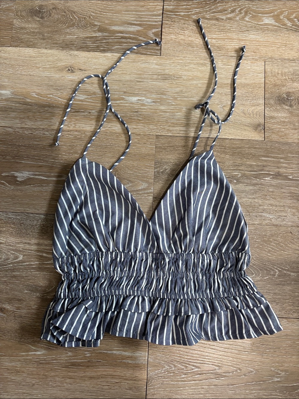 Sim & Sam Striped Navy Tie-Strap Smocked Crop Top